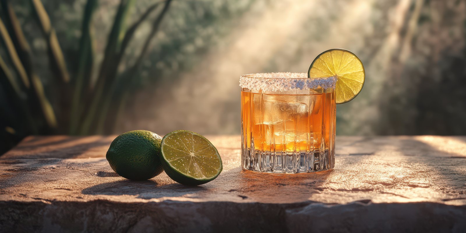 Refreshing cocktail sits on a stone surface with lime halves beside it in a sunlit outdoor setting during late afternoon